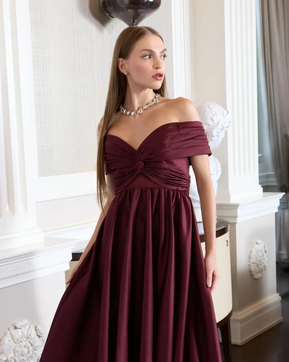 Glamorous Voluminous Off-The-Shoulder Short Sleeve Open Back Satin Maxi Evening Dress by LANQI DRESS