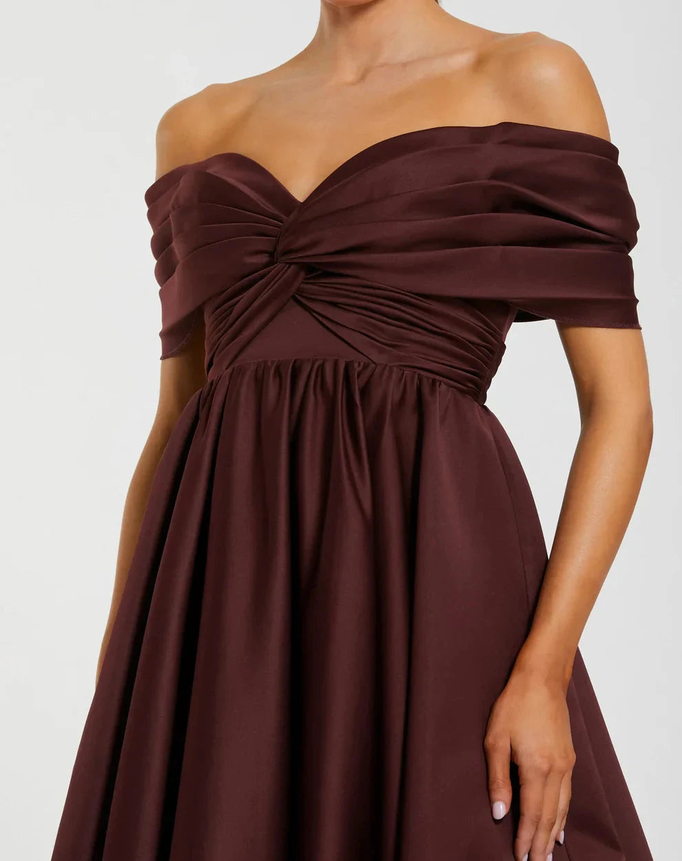 Glamorous Voluminous Off-The-Shoulder Short Sleeve Open Back Satin Maxi Evening Dress by LANQI DRESS