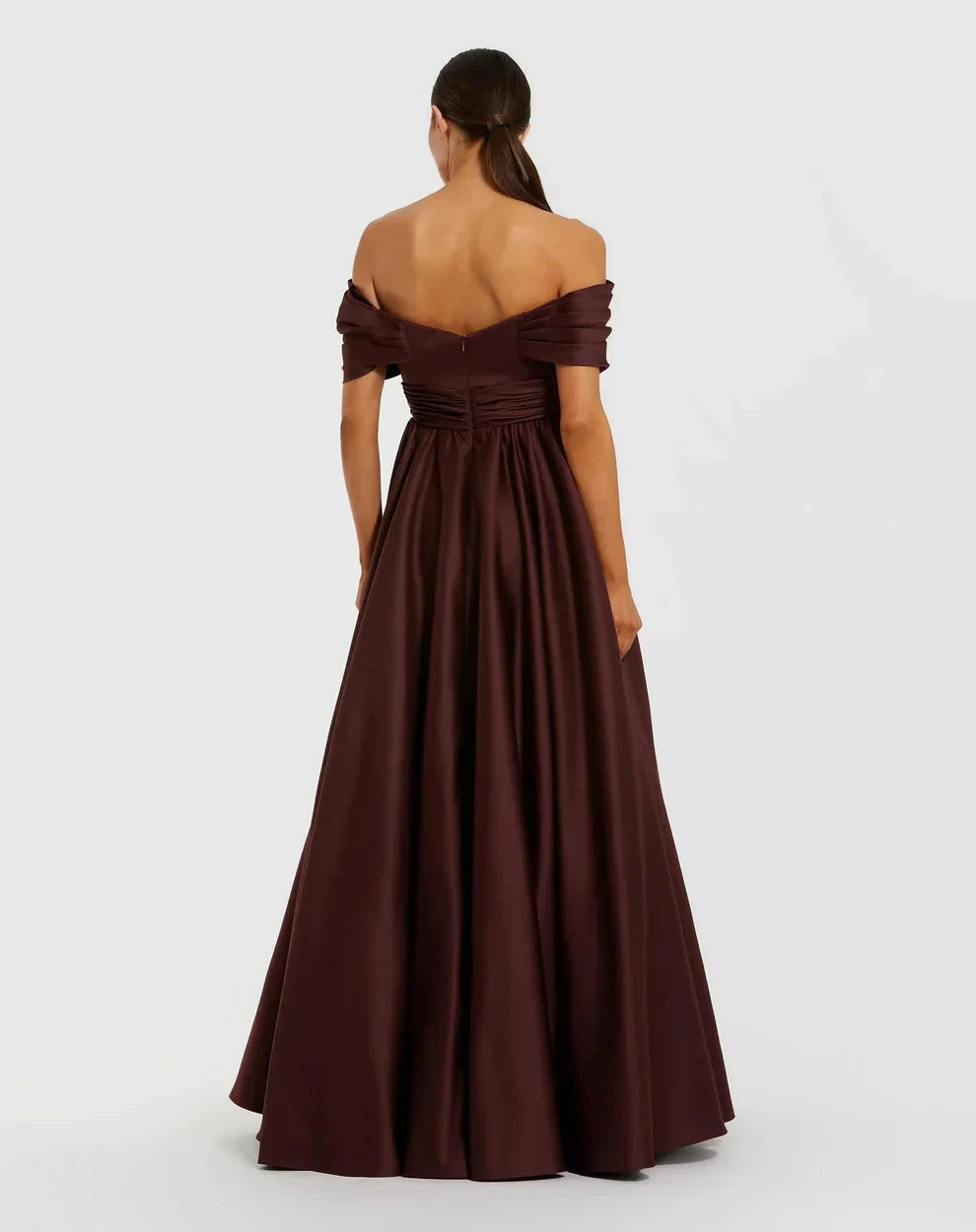 Glamorous Voluminous Off-The-Shoulder Short Sleeve Open Back Satin Maxi Evening Dress by LANQI DRESS