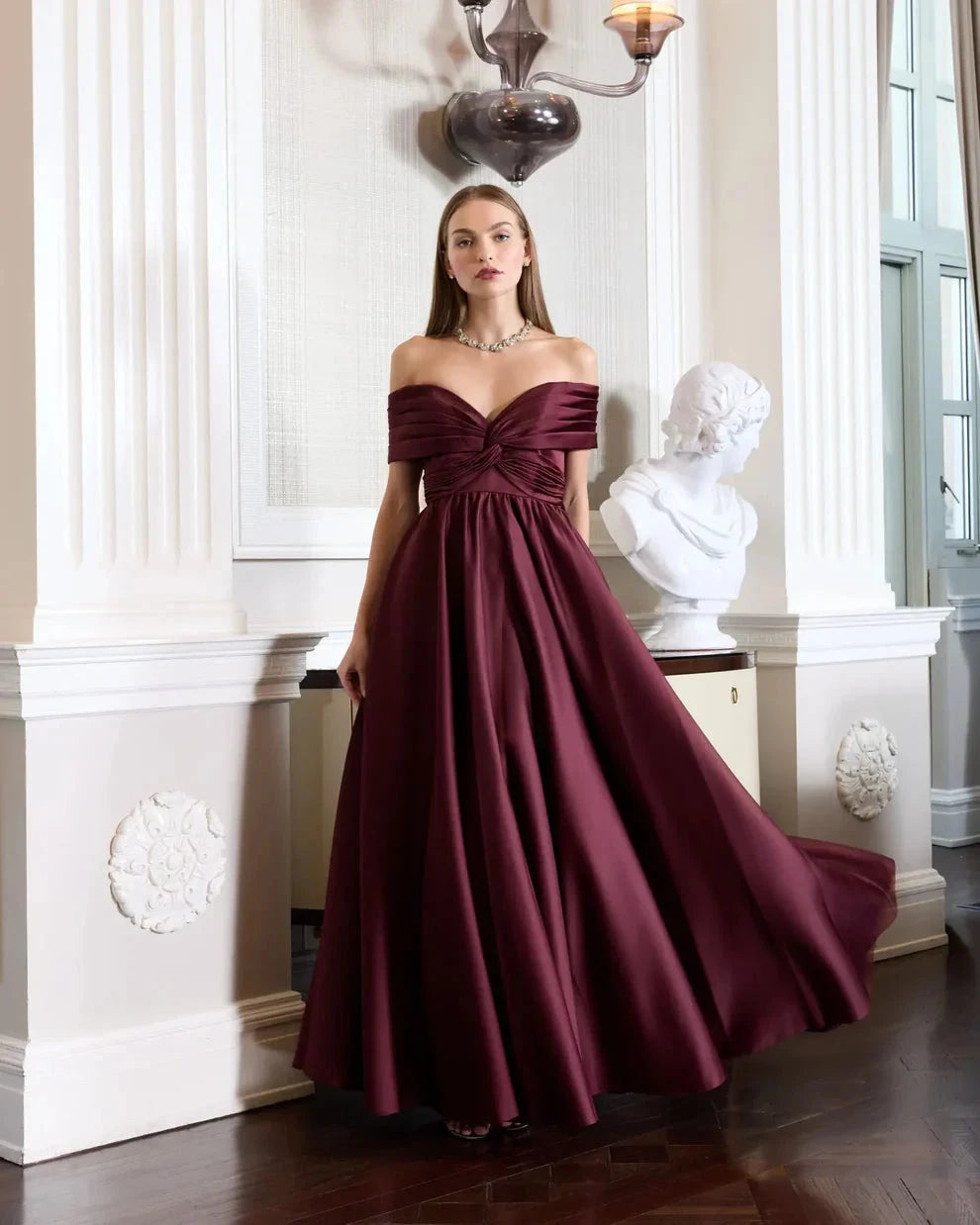 Glamorous Voluminous Off-The-Shoulder Short Sleeve Open Back Satin Maxi Evening Dress by LANQI DRESS