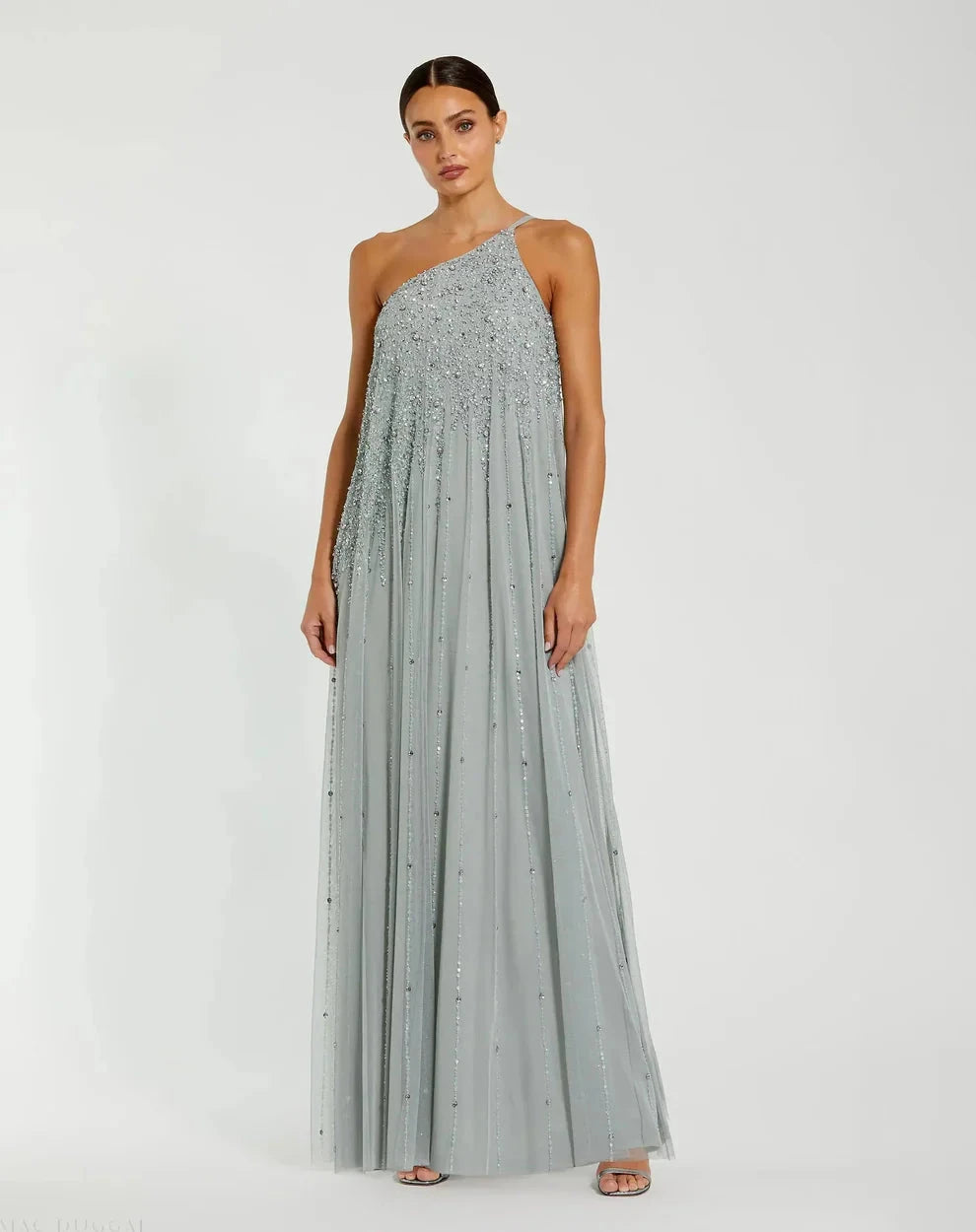 Glamorous Voluminous One-Shoulder Sleeveless Beaded Open Back Chiffon Maxi Evening Dress by LANQI DRESS