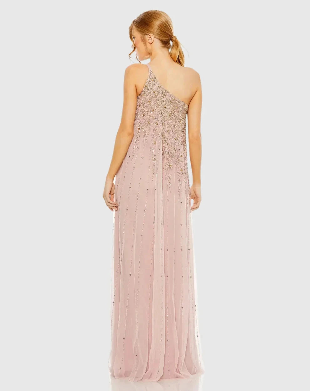 Glamorous Voluminous One-Shoulder Sleeveless Beaded Open Back Chiffon Maxi Evening Dress by LANQI DRESS