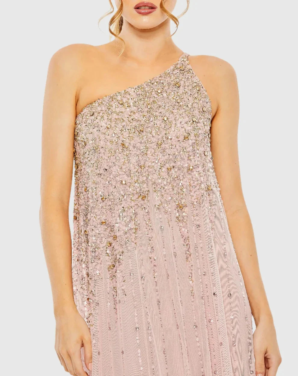 Glamorous Voluminous One-Shoulder Sleeveless Beaded Open Back Chiffon Maxi Evening Dress by LANQI DRESS