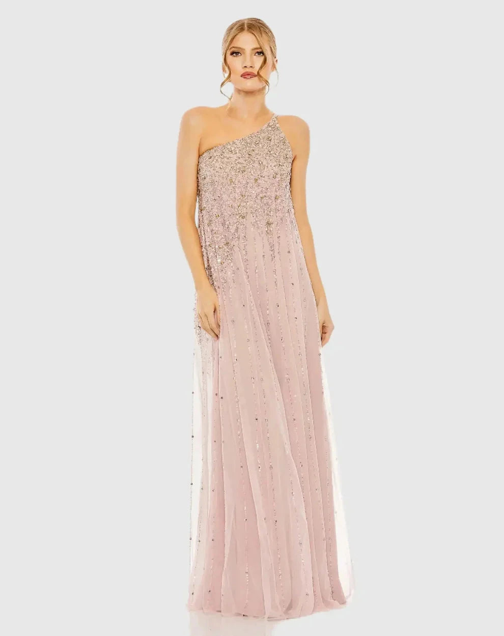 Glamorous Voluminous One-Shoulder Sleeveless Beaded Open Back Chiffon Maxi Evening Dress by LANQI DRESS