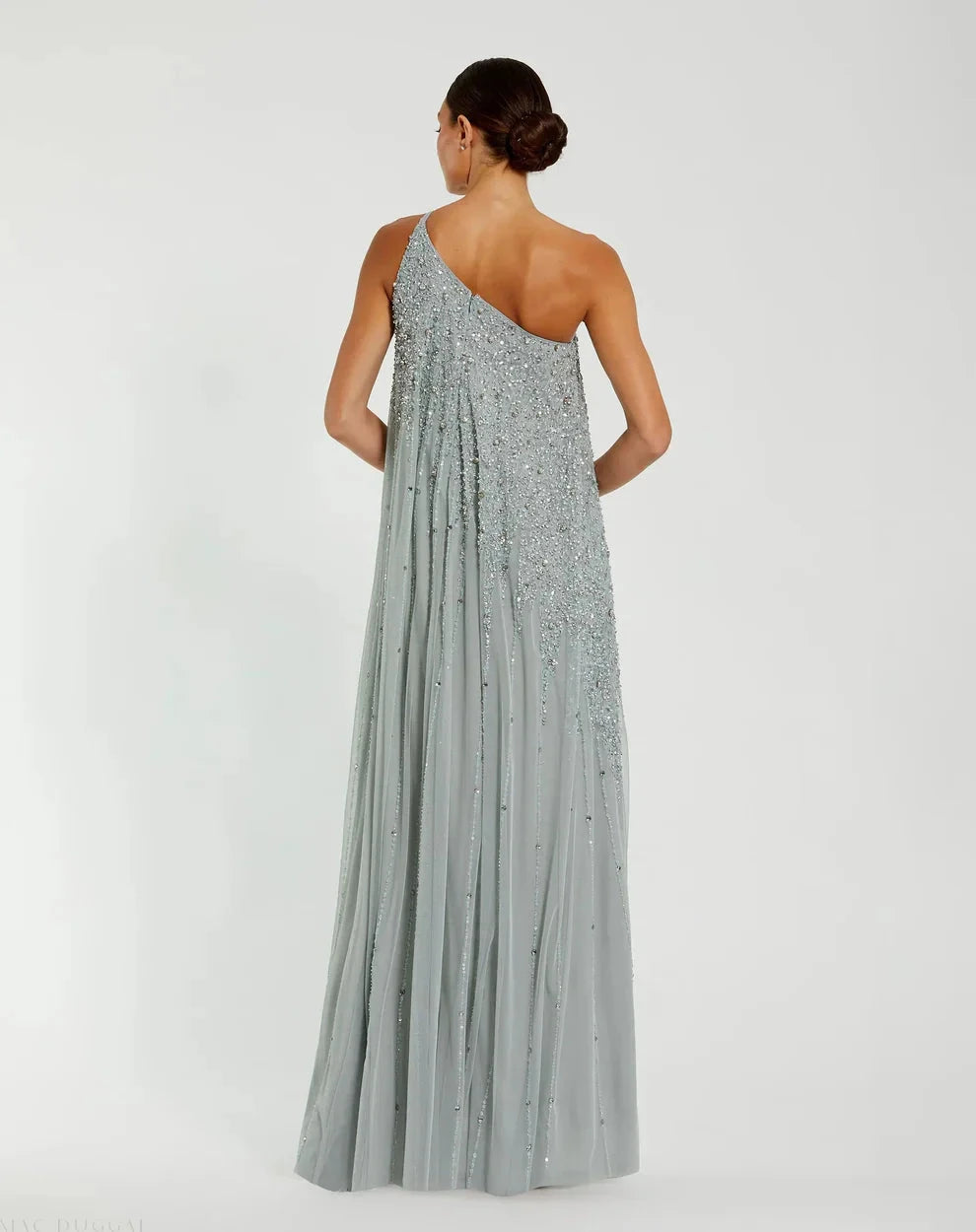 Glamorous Voluminous One-Shoulder Sleeveless Beaded Open Back Chiffon Maxi Evening Dress by LANQI DRESS
