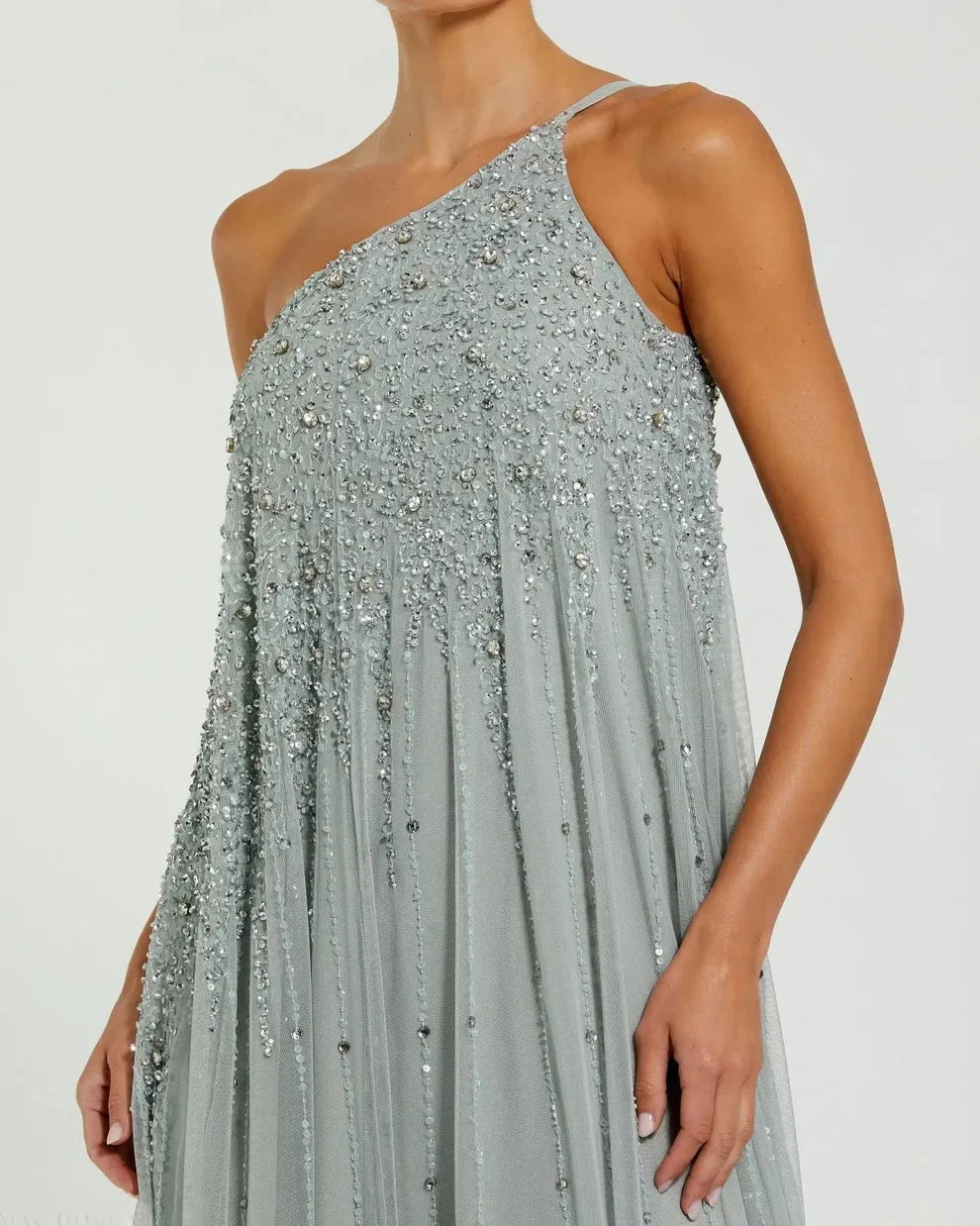 Glamorous Voluminous One-Shoulder Sleeveless Beaded Open Back Chiffon Maxi Evening Dress by LANQI DRESS