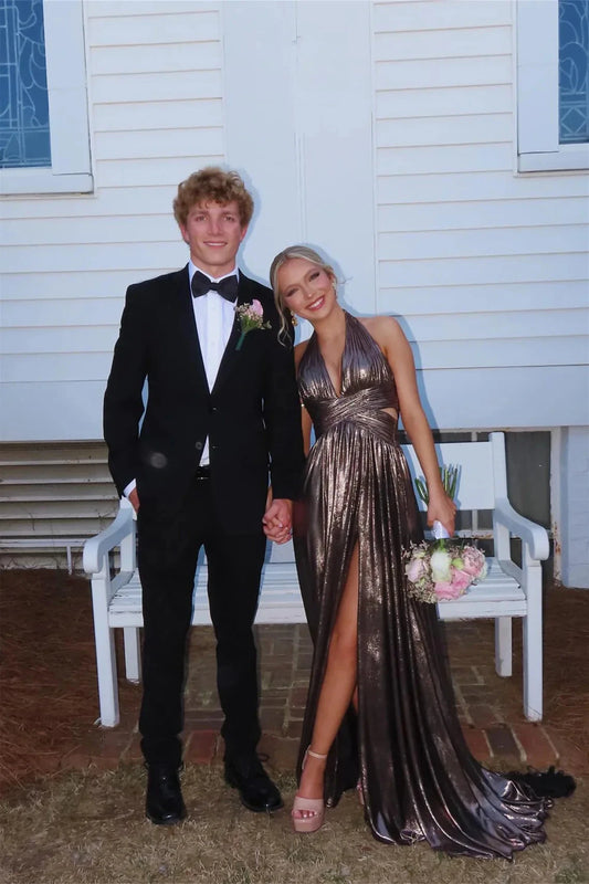 Glamorous Metallic Halter Plunge V-Neck Cutout A-Line Prom Dress with High Slit & Train by JiMiss Dresses