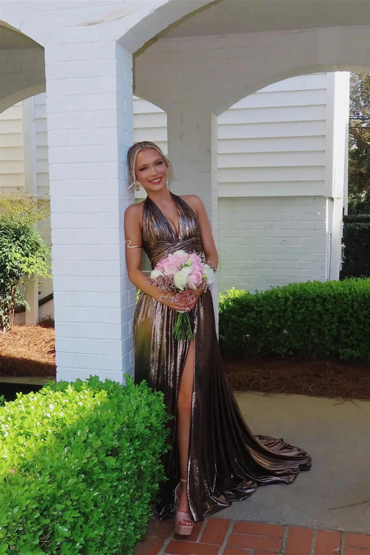 Glamorous Metallic Halter Plunge V-Neck Cutout A-Line Prom Dress with High Slit & Train by JiMiss Dresses