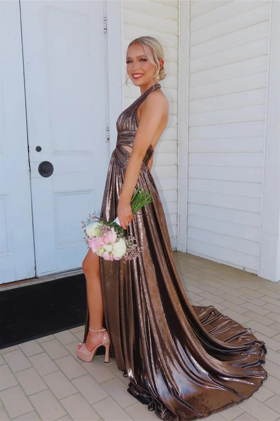 Glamorous Metallic Halter Plunge V-Neck Cutout A-Line Prom Dress with High Slit & Train by JiMiss Dresses