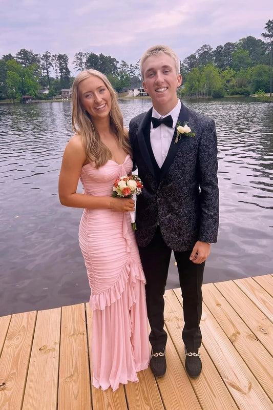 Glamorous Strapless Prom Dresses with Ruched Bodice, Cascading Ruffle Detail and High-Low Chiffon Skirt Formal Gown by JiMiss Dresses