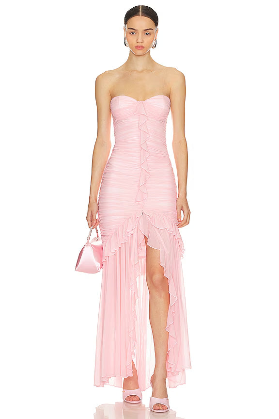 Glamorous Strapless Prom Dresses with Ruched Bodice, Cascading Ruffle Detail and High-Low Chiffon Skirt Formal Gown by JiMiss Dresses