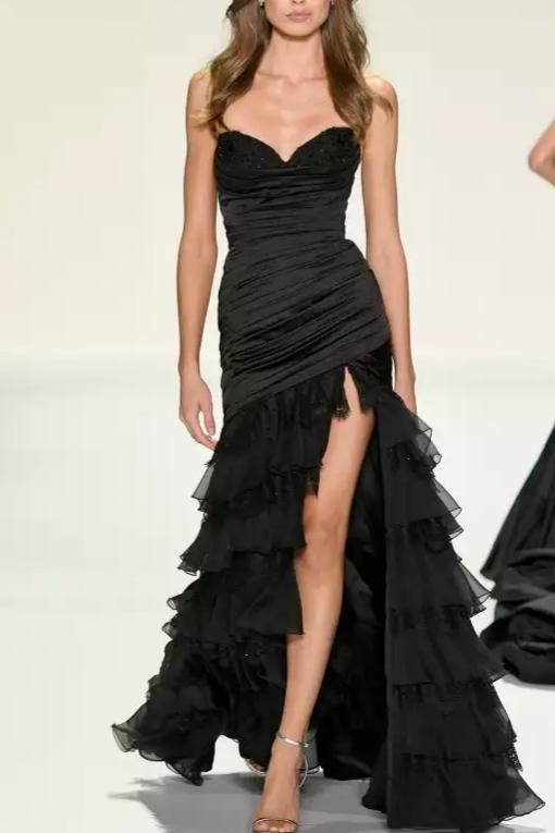 Glamorous Strapless Sweetheart Ruched Bodice Lace-Up Back High Slit Ruffled Tulle Prom Dress