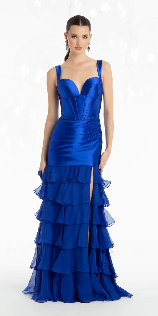Glamorous satin organza spaghetti strap sweetheart neck floor length evening dress with corset bodice, ruffled tiered skirt and high slit