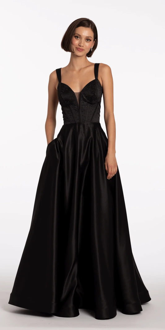 Glamorous beaded corset evening Dress with satin ball Dress skirt, lace-up back and pockets
