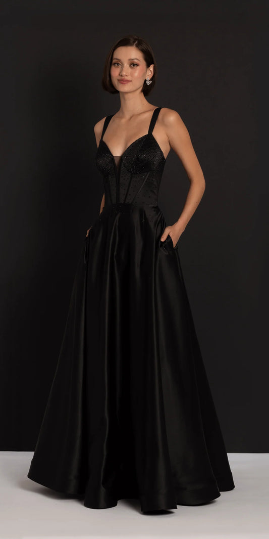 Glamorous beaded corset evening Dress with satin ball Dress skirt, lace-up back and pockets