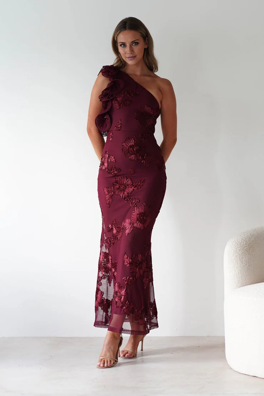 Glamorous embroidered mesh mermaid one-shoulder ruffle sequin midi evening dress by YiHuiw