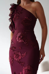 Glamorous embroidered mesh mermaid one-shoulder ruffle sequin midi evening dress