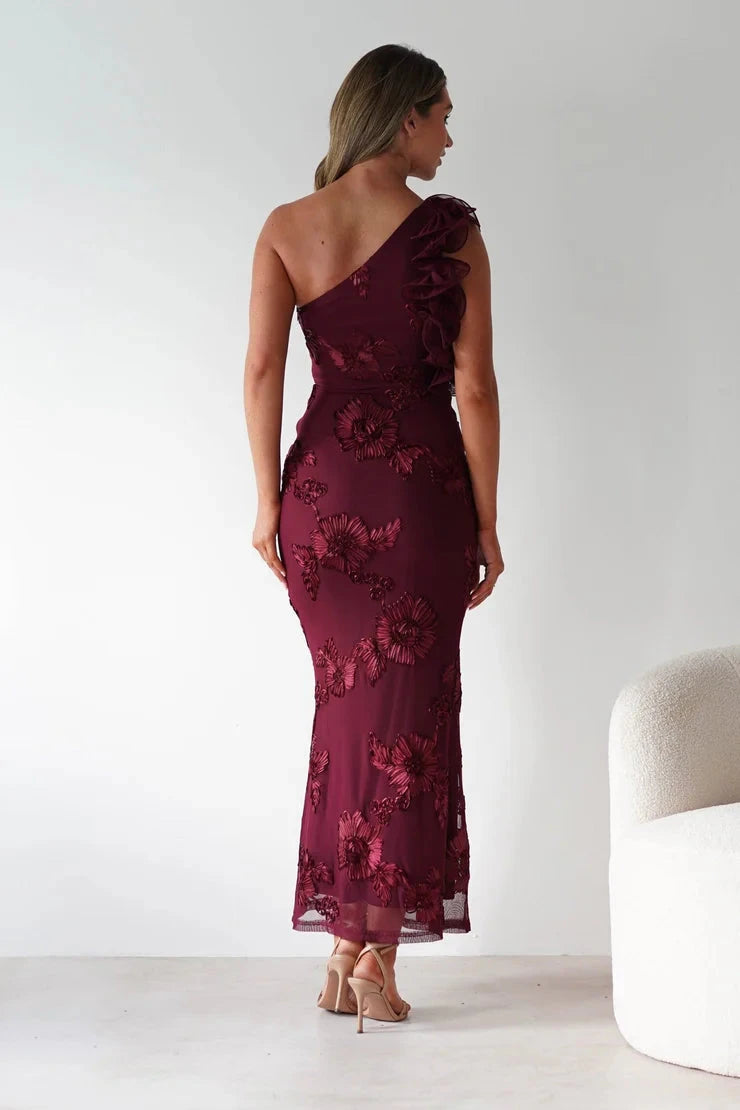 Glamorous embroidered mesh mermaid one-shoulder ruffle sequin midi evening dress by YiHuiw