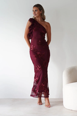Glamorous embroidered mesh mermaid one-shoulder ruffle sequin midi evening dress