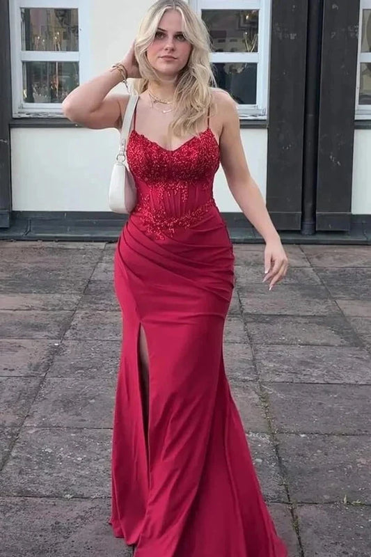 Glamorous jersey mermaid sweetheart spaghetti strap lace-back slit floor length evening dress by YiHuiw