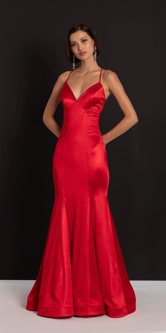 Glamorous red satin evening dress with spaghetti straps, deep V-neck, lace-up back, and mermaid skirt with train