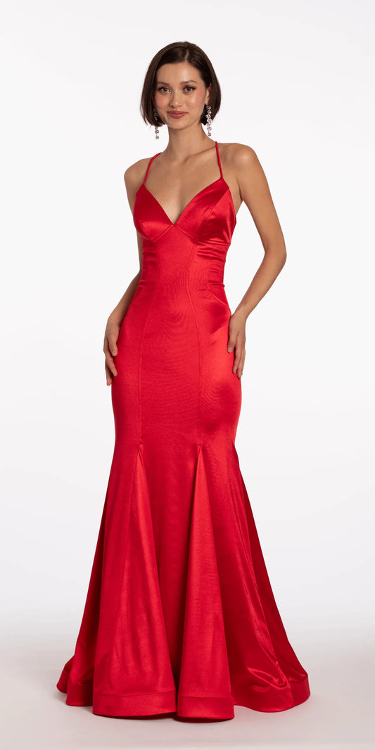 Glamorous red satin evening dress with spaghetti straps, deep V-neck, lace-up back, and mermaid skirt with train