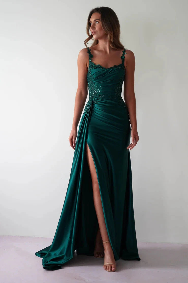 Glamorous satin mermaid lace spaghetti strap open-back slit floor length evening dress by YiHuiw