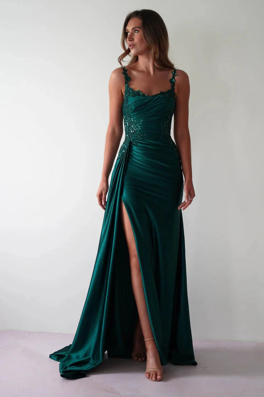 Glamorous satin mermaid lace spaghetti strap open-back slit floor length evening dress by YiHuiw