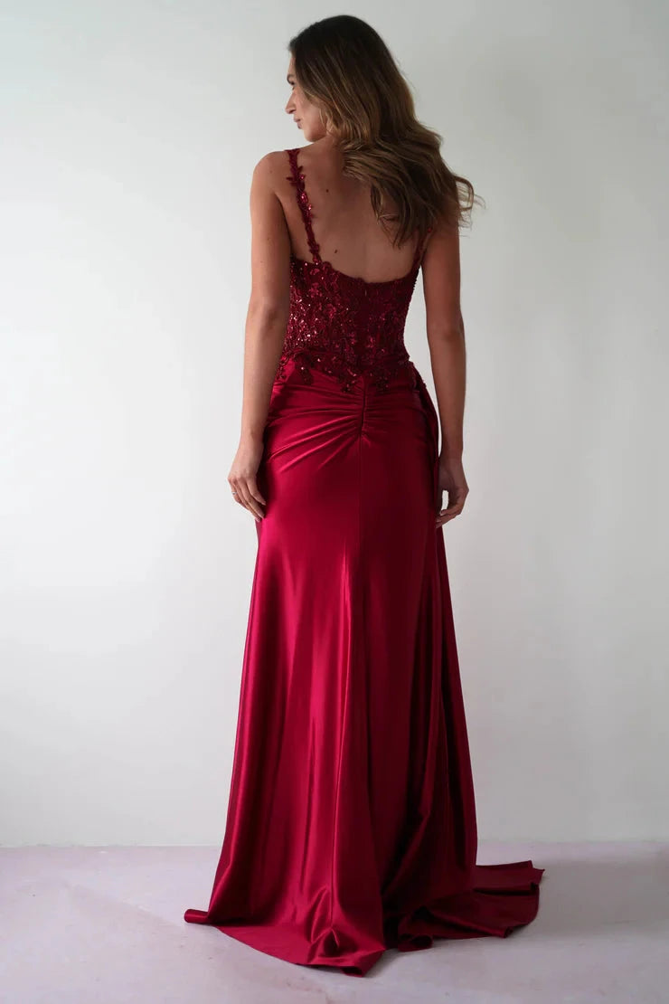 Glamorous satin mermaid lace spaghetti strap open-back slit floor length evening dress by YiHuiw