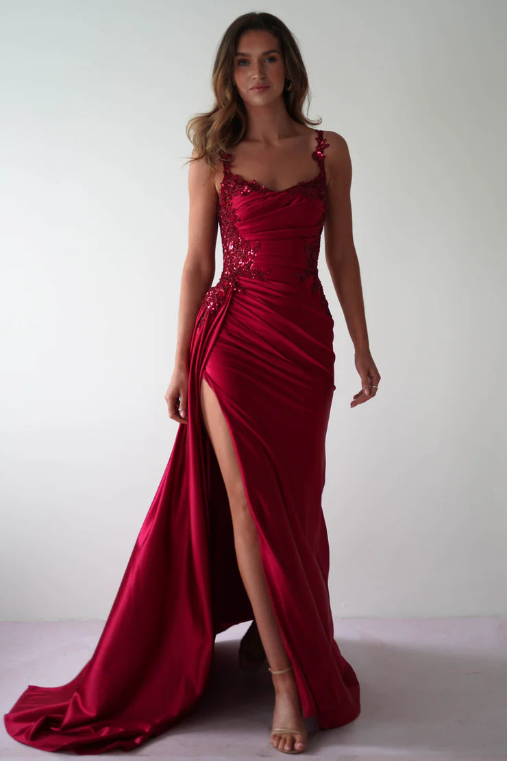 Glamorous satin mermaid lace spaghetti strap open-back slit floor length evening dress