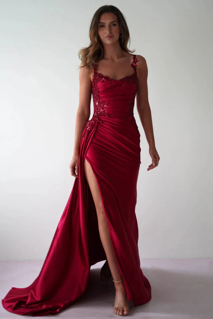 Glamorous satin mermaid lace spaghetti strap open-back slit floor length evening dress by YiHuiw