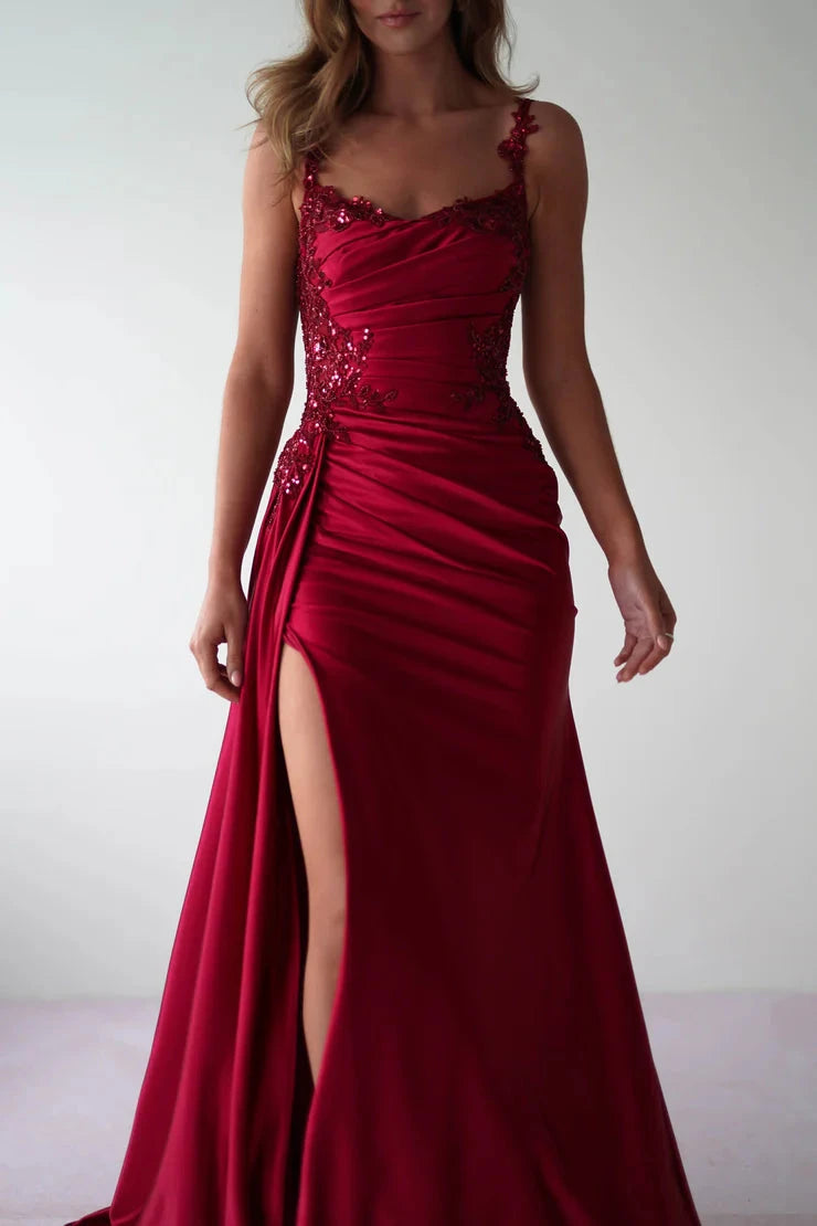 Glamorous satin mermaid lace spaghetti strap open-back slit floor length evening dress by YiHuiw