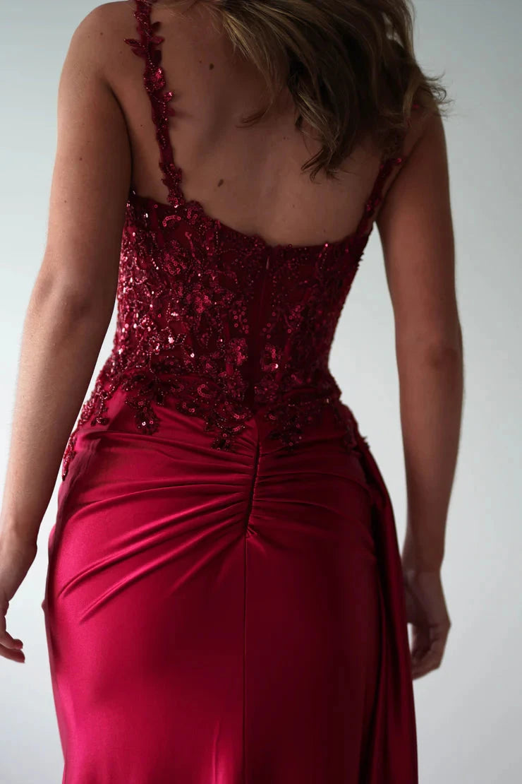 Glamorous satin mermaid lace spaghetti strap open-back slit floor length evening dress by YiHuiw