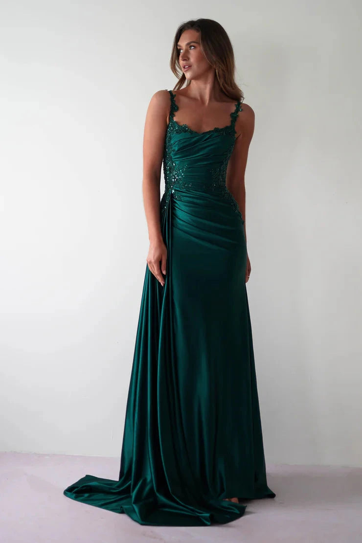 Glamorous satin mermaid lace spaghetti strap open-back slit floor length evening dress by YiHuiw