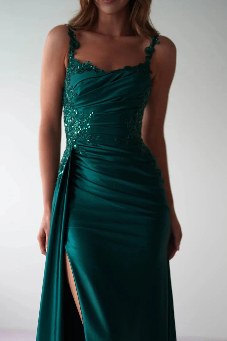Glamorous satin mermaid lace spaghetti strap open-back slit floor length evening dress by YiHuiw