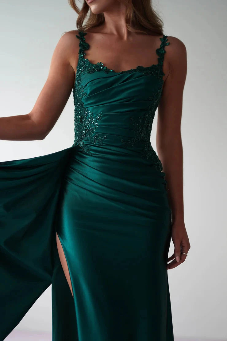 Glamorous satin mermaid lace spaghetti strap open-back slit floor length evening dress by YiHuiw