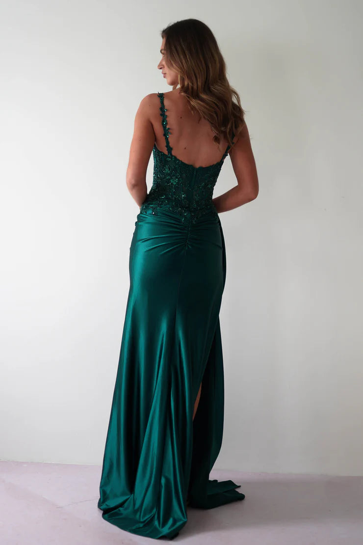 Glamorous satin mermaid lace spaghetti strap open-back slit floor length evening dress