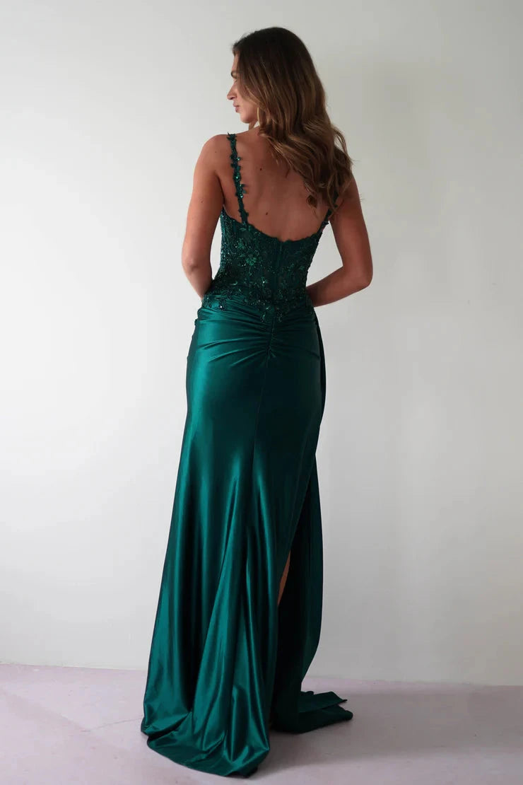 Glamorous satin mermaid lace spaghetti strap open-back slit floor length evening dress by YiHuiw