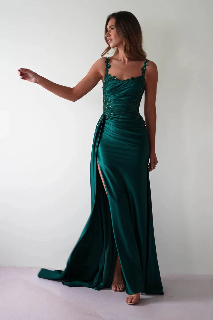 Glamorous satin mermaid lace spaghetti strap open-back slit floor length evening dress by YiHuiw
