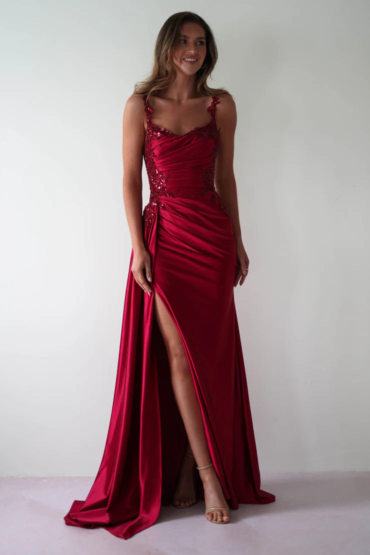 Glamorous satin mermaid lace spaghetti strap open-back slit floor length evening dress