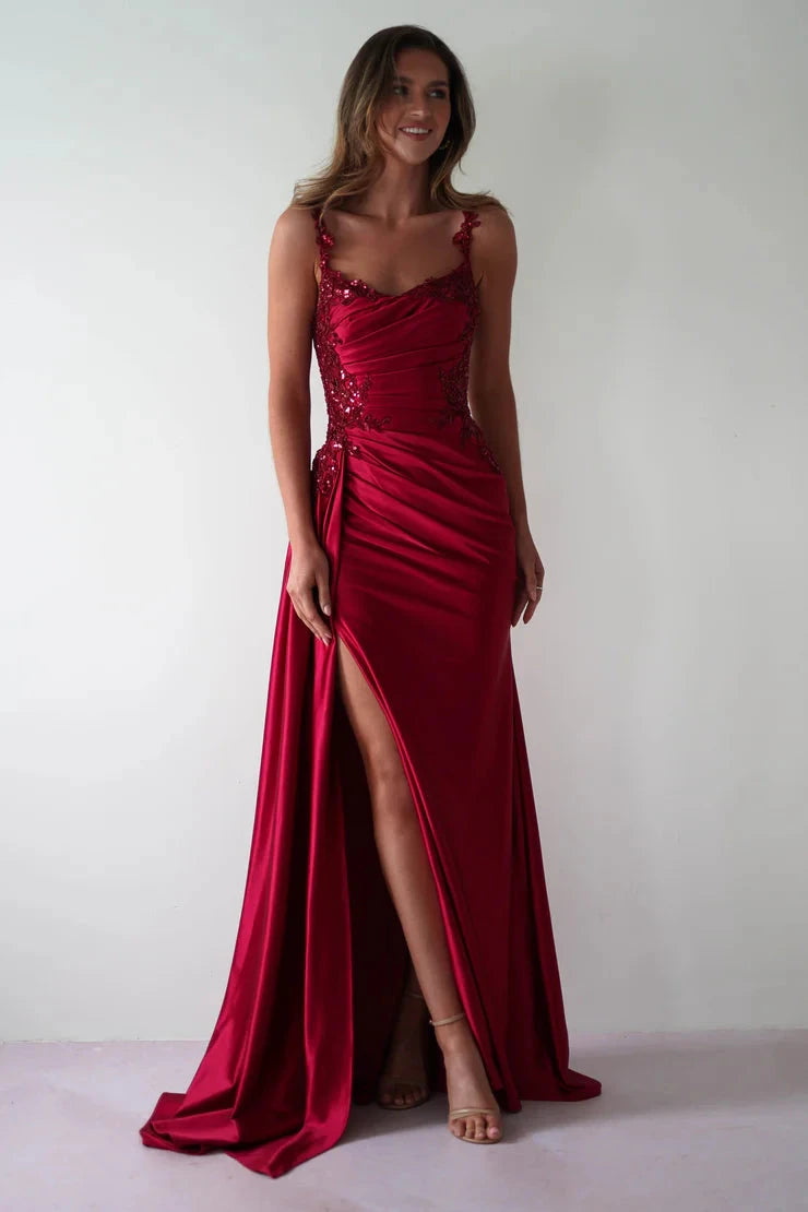 Glamorous satin mermaid lace spaghetti strap open-back slit floor length evening dress by YiHuiw