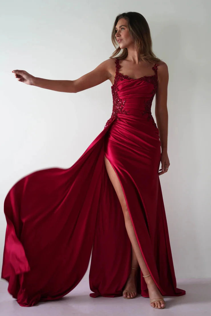 Glamorous satin mermaid lace spaghetti strap open-back slit floor length evening dress by YiHuiw