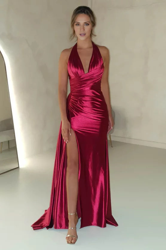 Glamorous satin sheath halter ruched slit train floor length evening dress