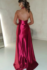 Glamorous satin sheath halter ruched slit train floor length evening dress
