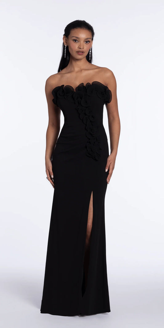 Glamorous strapless evening dress with 3D fan ruffle detail, ruched bodice and high slit