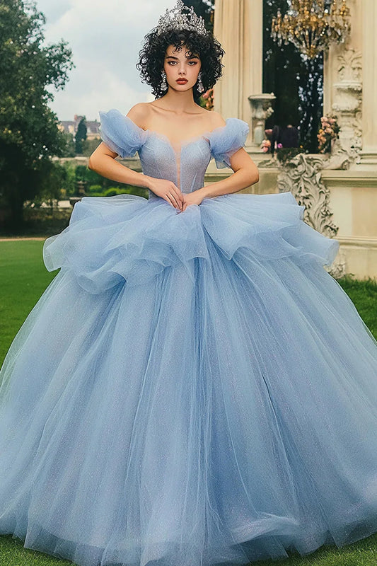 Dusty Blue Off-the-Shoulder Ball Gown Prom Dress with Puff Sleeves and Glitter Tulle Skirt