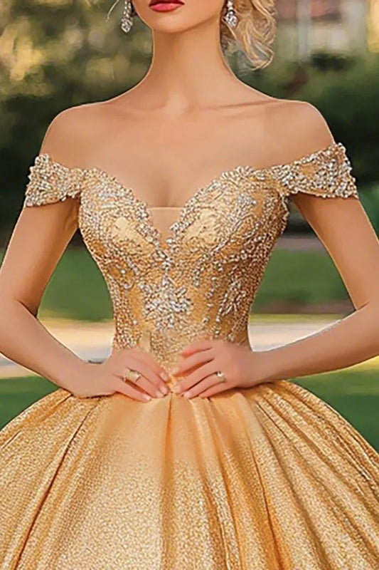 Champagne Gold Off-the-Shoulder Ball Gown Prom Dress with Beaded Corset Bodice