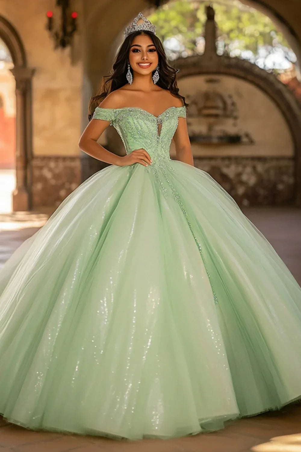 Vestido de gala para graduación verde salvia con hombros descubiertos y falda de tul brillante