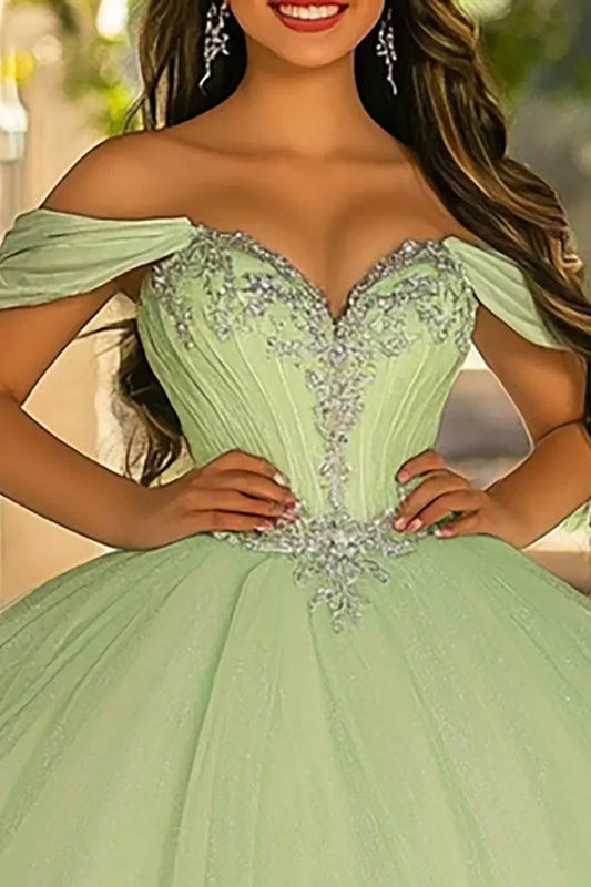 Sage Green Off-the-Shoulder Ball Gown Prom Dress with Lace Appliques and Tulle Skirt
