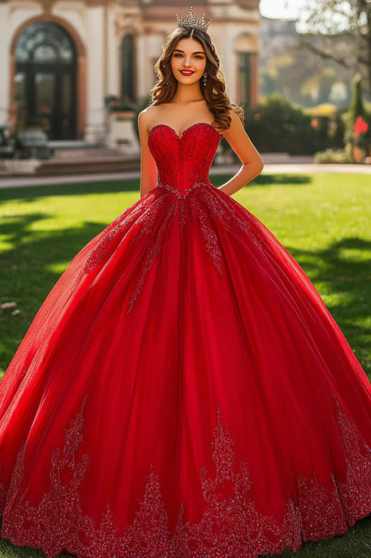 Red Glitter Ball Gown Prom Dress with Sweetheart Neckline and Tulle Skirt